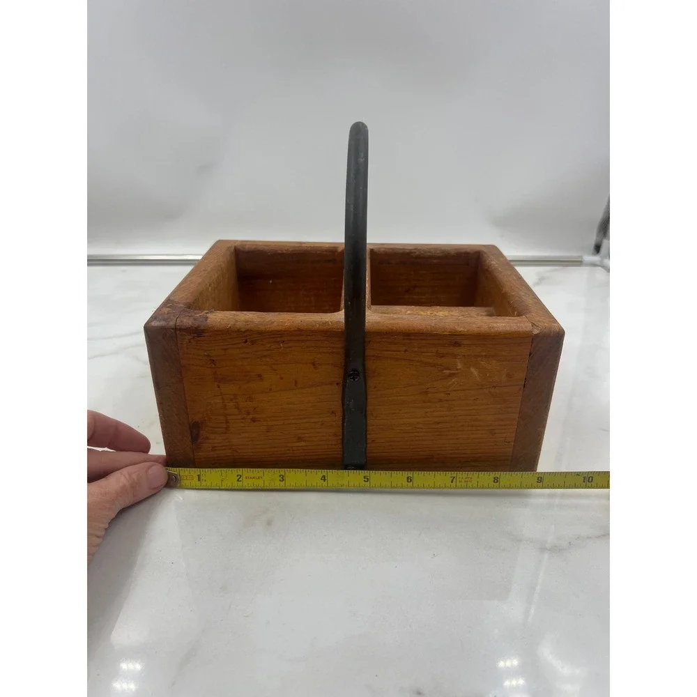 Vintage Rustic Wooden Caddy 3 Compartment Organizer with Metal Handle Farmhouse